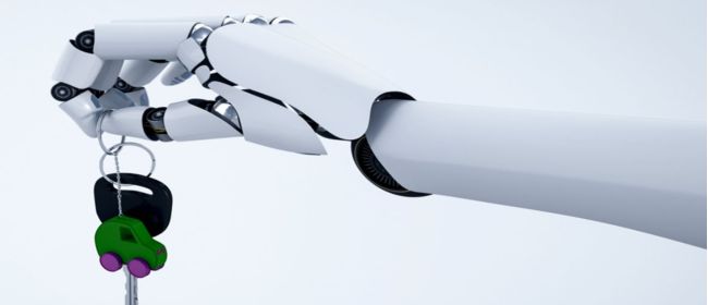 A white robotic hand holding carkeys